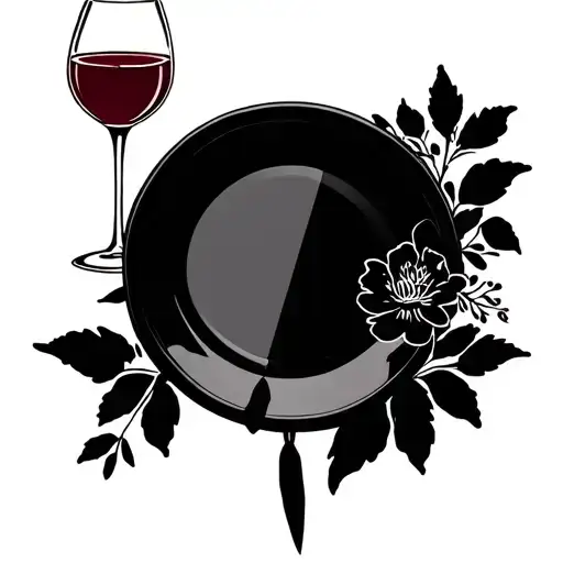 Minimalist Dinner Plate Tattoo With Wine And Flowers