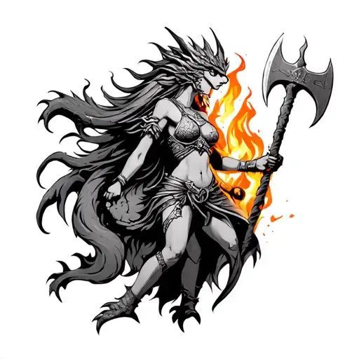 Valkyrie Holding An Axe Accompanied By A Dragon Exhaling Fire