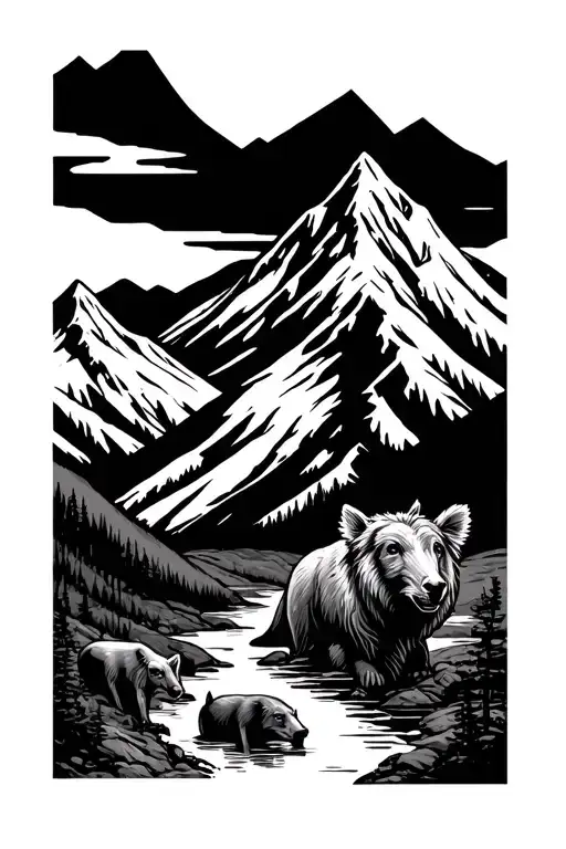 Mountain Scene Featuring Various Animals Peeking