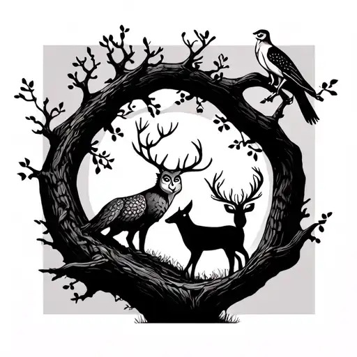 Tree With An Owl A Deer And A Wolf Hidden In The Branches
