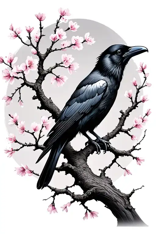 Raven And Cherry Blossom Tree