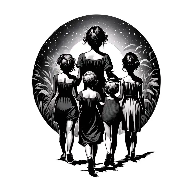 Mother And 3 Daughters Walking Hand