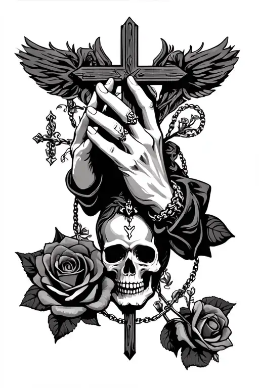 Praying Hands Holding Cross Necklace And Rose And Skull