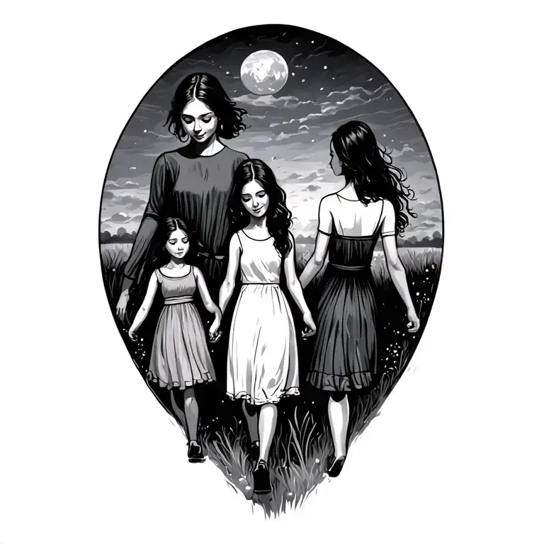 Mother And 3 Daughters Walking Hand