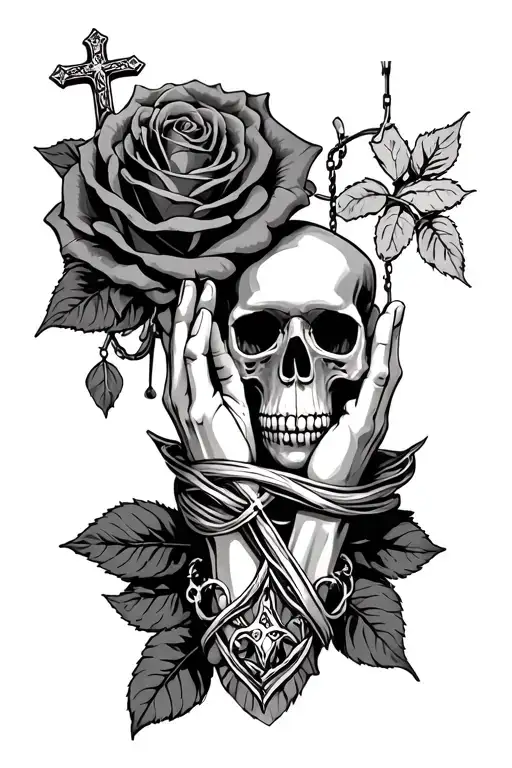 Praying Hands With Cross Necklace Wrapped Around It And Rose And Skull