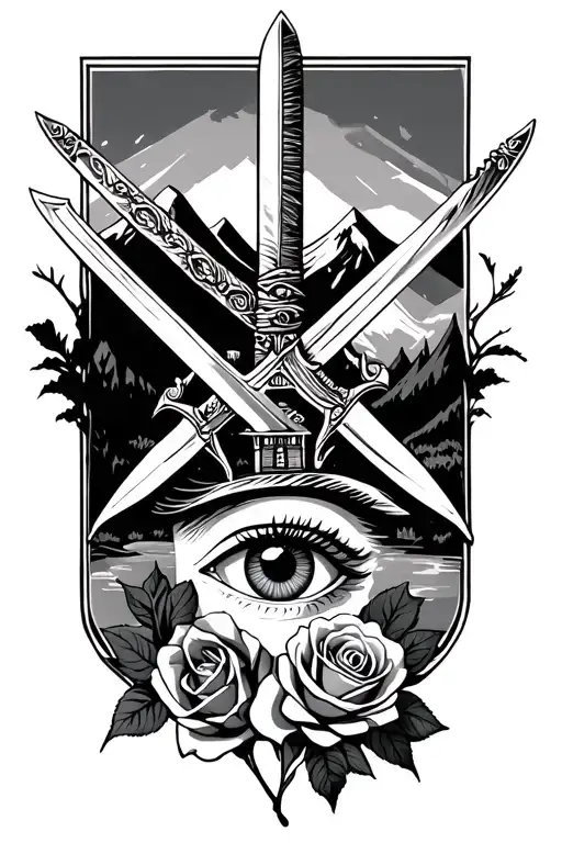 Two Swords Crossing With Eye And Rose Next To It With Mountain Back Grand And House
