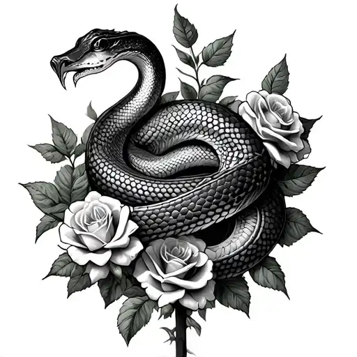 Snake Wrapped Around Sord And Roses Growing
