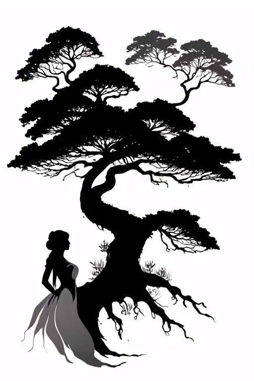 Curved Tree Of Life With Woman Silhouette As The Tree Trunk
