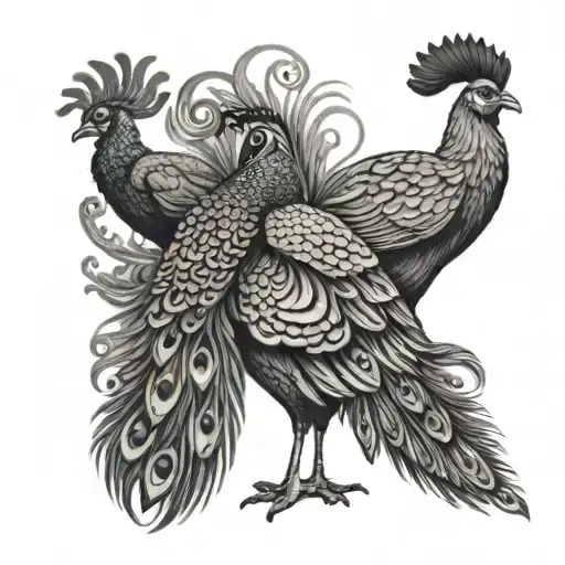 Peacock And Vel And Rooster Standing Proudly