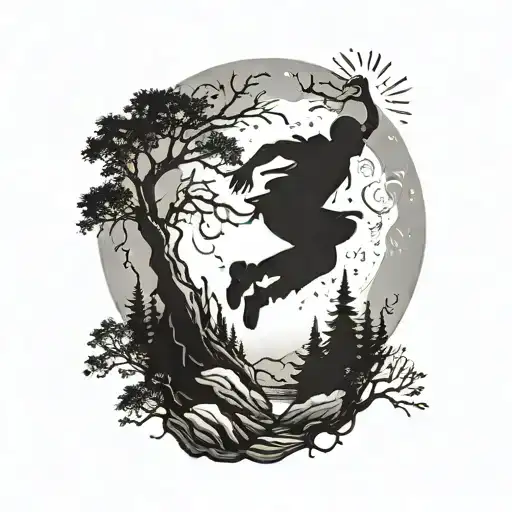 Jumping From A Cliff Under A Big Moon With Trees In The Background