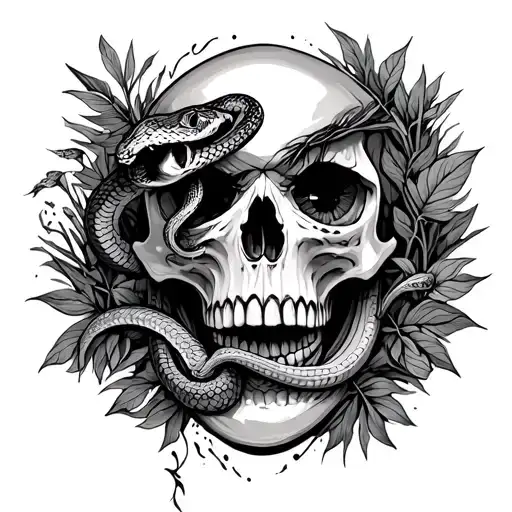 Skull With Snake Coming Out Of An Eye And Some Plants Surrounding It