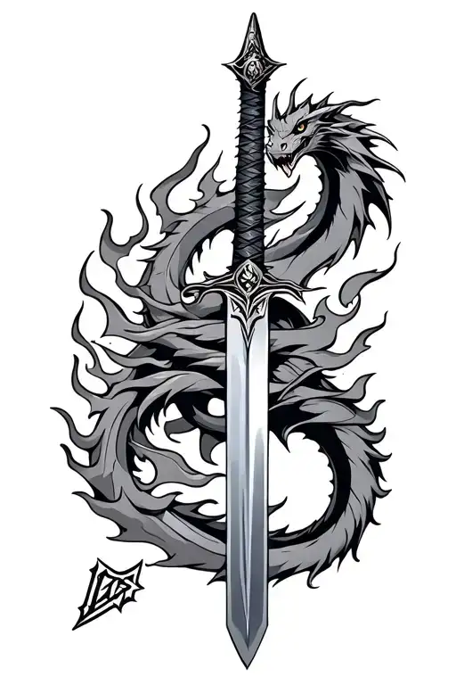 A Sword With Flames Around It And A Dragon Wrapped