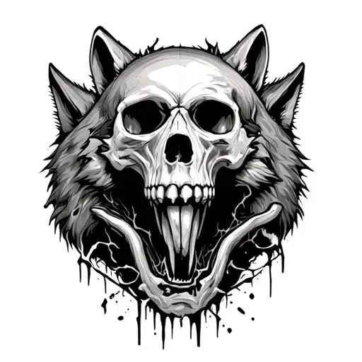 Human Skull In The Middle With Two Wolf Heads Next To It Tearing Away With Flesh Tearing