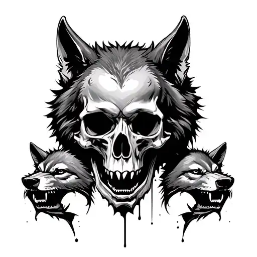 Human Skull In The Middle With Two Wolf Heads Next To It Tearing Away