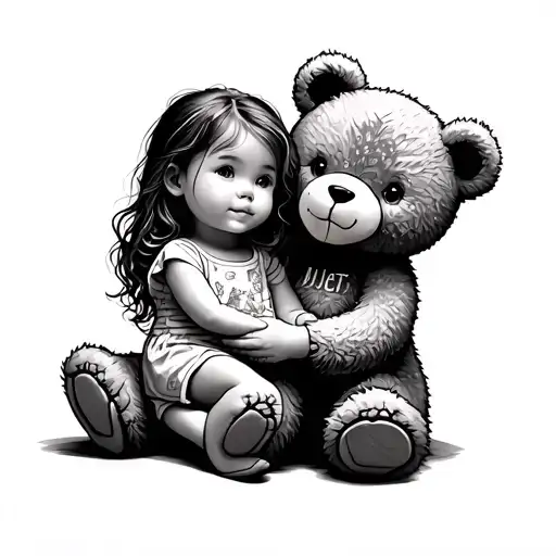 Fine Line Teddy Bear Holding Little Girl Sitting With Him