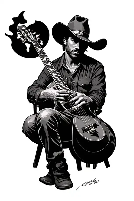 Cowboy Guitar Sitting By Fire