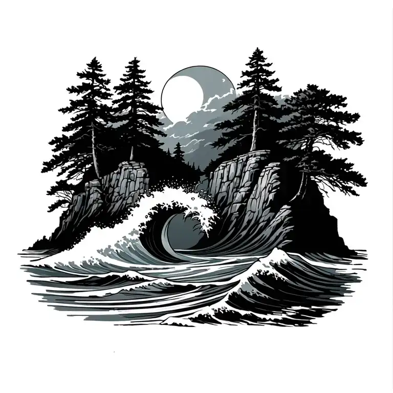 Waves And Trees On Cliffs Sunshine