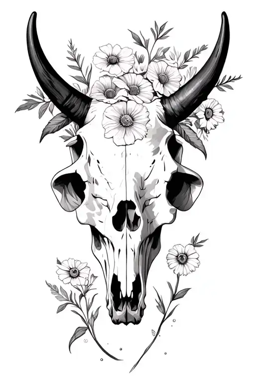 Cow Skull And Wild Flowers Growing