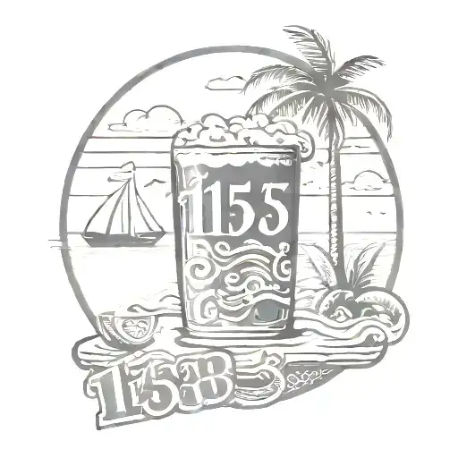 Tattoo That Says 1158 On A Sign With A Beach And Drinks Background