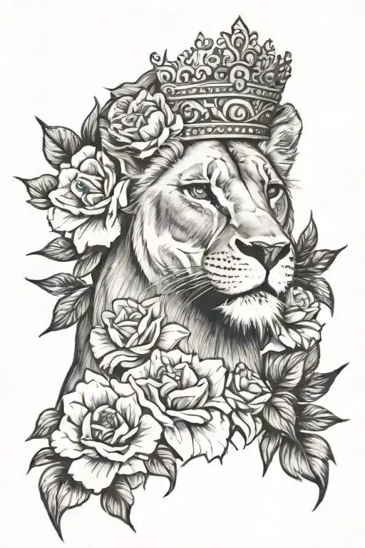 Lioness With Flowers As A Crown Surrounded By Bold Flowers