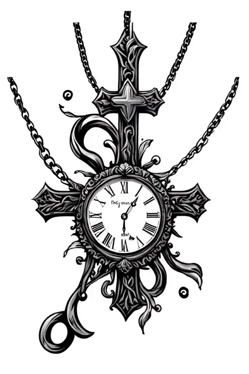 Cross Necklack With Clock And Decorative Image