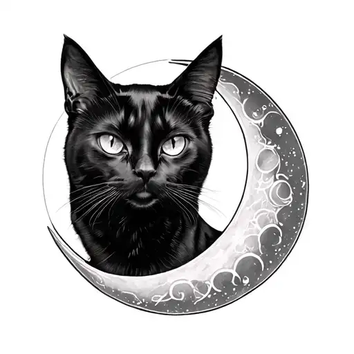 Black Cat Outline Looking At Crescent Moon