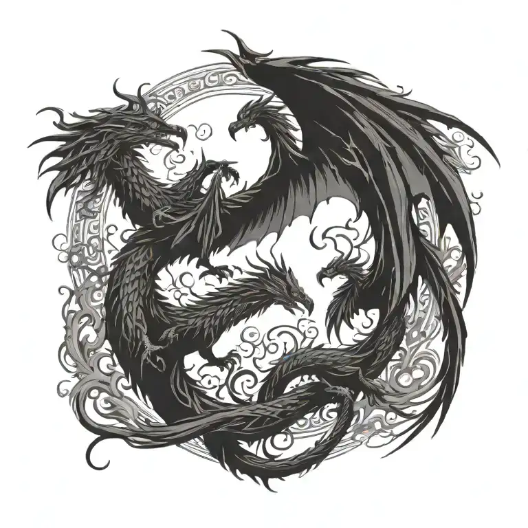A Dragon And Phoenix Facing Each Other With The Silhouette Of A Family In The Background