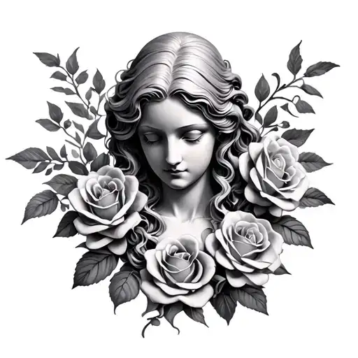 Female Statue With Roses Around It