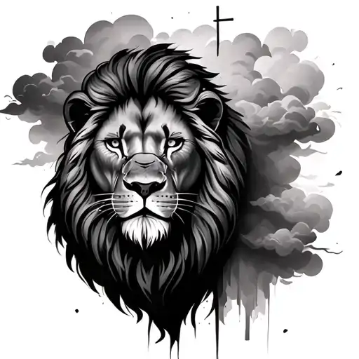 Lion With A Cross On The Left Side Of Its Eye With A Cloudy Back Round