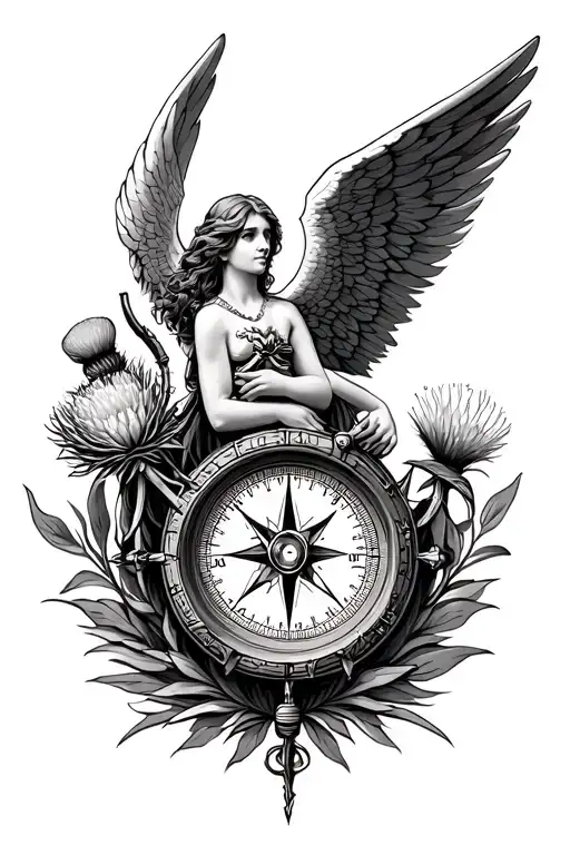 Angel Wings Holding Marininers Compass And Thistle