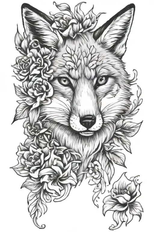 Fox With Lilies And Wild Roses Tattoo Design