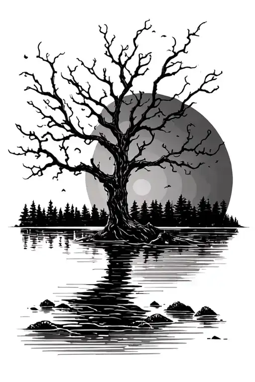 Poison Tree Without Leaves Sunset Over Lake