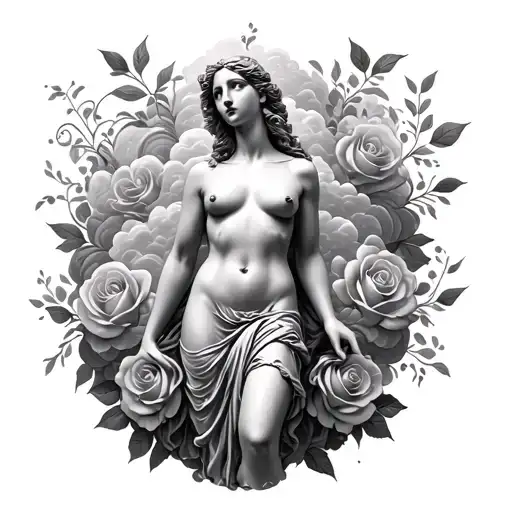Female Statue Full Body With Roses Around It Clouds