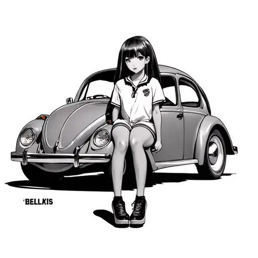 Anime Highschool Girl Sitting On Vw Beetle