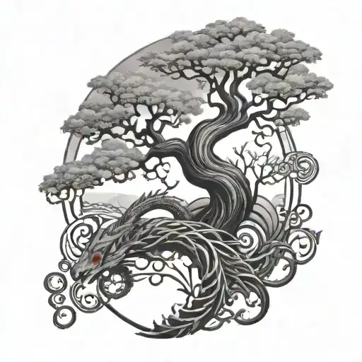 Tree Of Life Intertwined With Small Dragon And Ocean Wave Nature Inspired