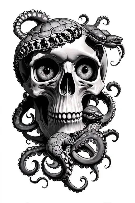 Scull With Tentacles Going Through The Eyes With Octopus And 3 Turtles