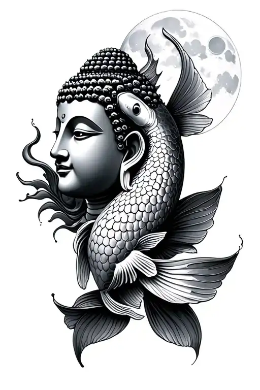 Buddha With Koi Fish And Moon Surrounded