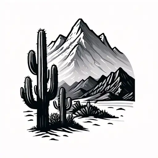 Simple Outline Of A Mountain And A Cactus