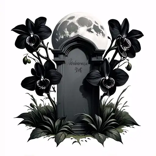The Moon Rising Above A Grave Surrounded By Black Orchids