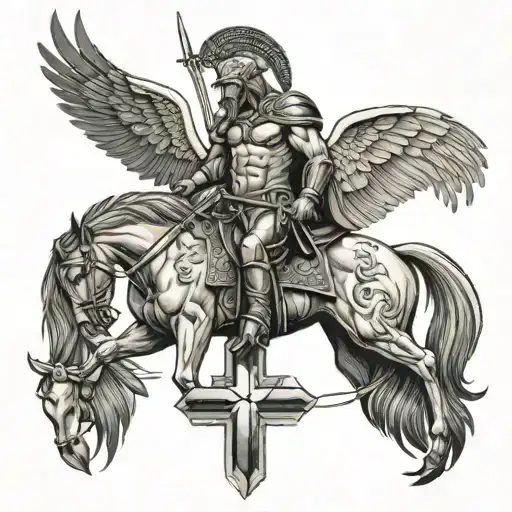 Manly Horse And Spartan And Eagle In Heaven With Cross
