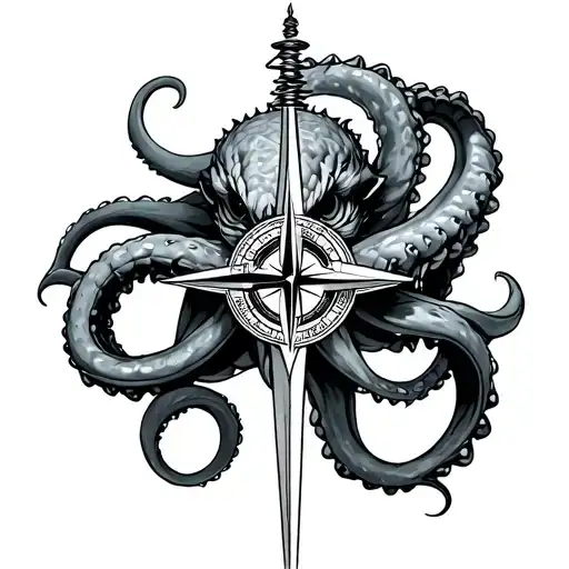Kraken Hugging Compass Intertwined