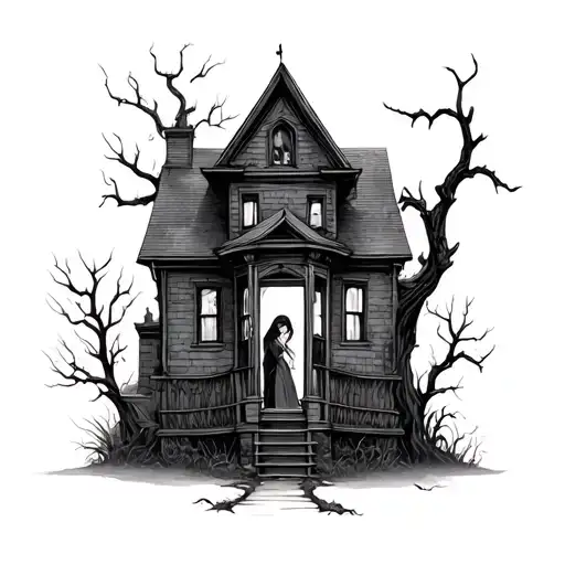 Haunted House With Girl In Window Looking