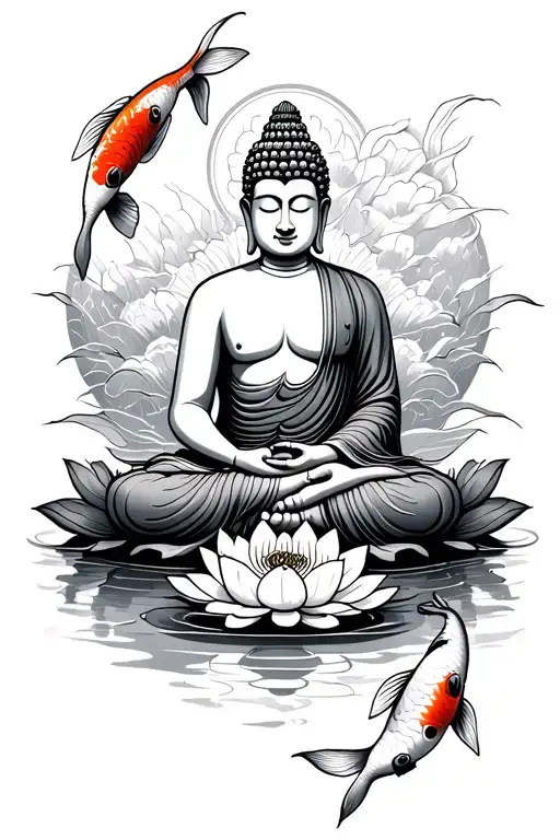 Buddha Sitting On Lotus Flower With Koi Fish Around