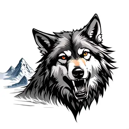 Growling Wolf And Mountains