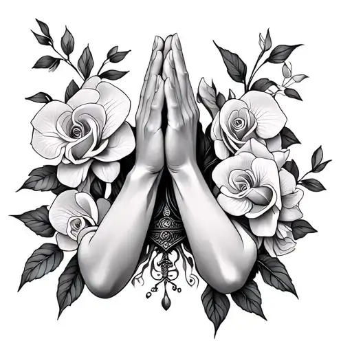 Virgin Mary Praying Hands Roses Orchids Flowers Intertwined