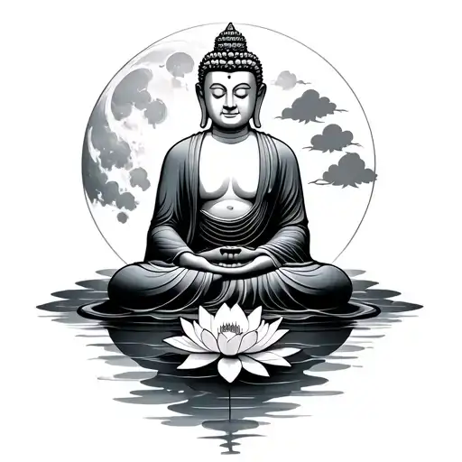 Buddha Sitting Sideways On A Lotus Flower Blooming With Japanese Water And Moon In The Background