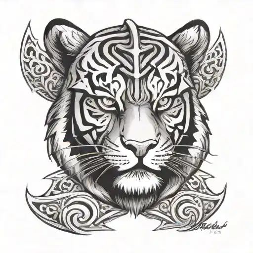 Tiger Face With Spartan Helmet Adorned