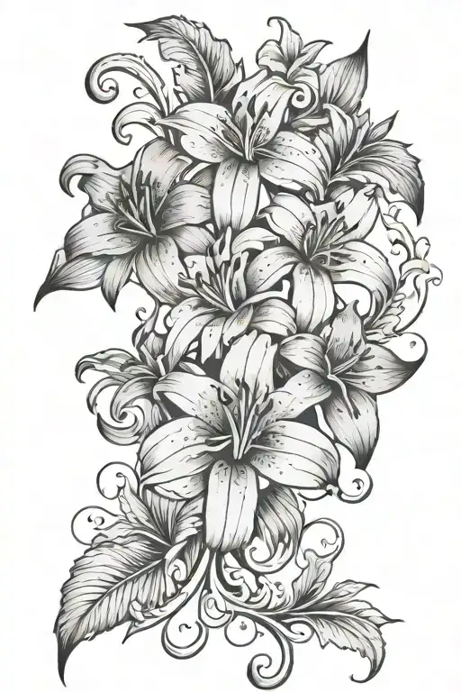 Lilly Flowers With Vines And Leaves Intertwined