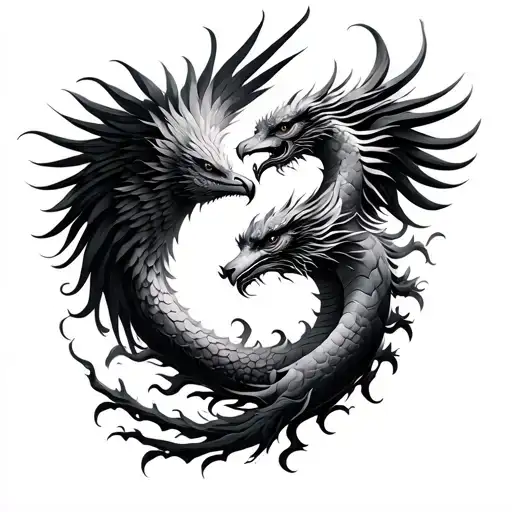Phoenix And A Chinese Dragon Circling Each Other Like Ying And Yang