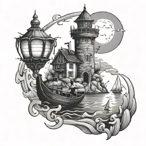 Ralunzel Tower With Floating Lanterns And Boat Scene